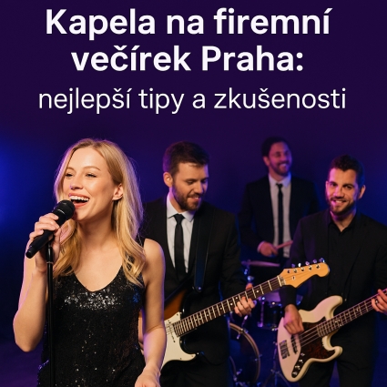 Kapela na firemním večírku - zpěvačka, kytaristé a bubeník ve společenském oblečení