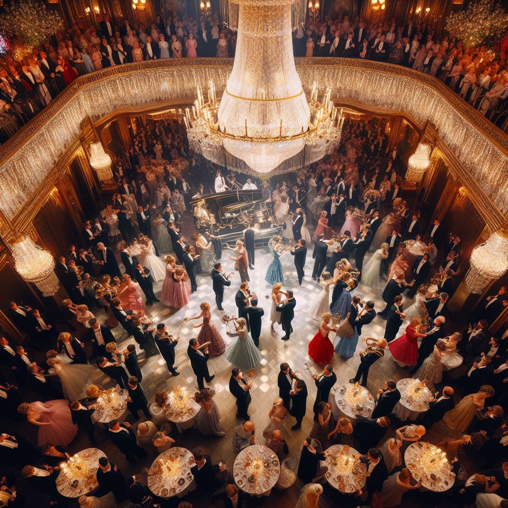 Taneční sál z vrchního pohledu, ve kterém tančí taneční páry na reprezentačním plese v doprovodu kapely na ples