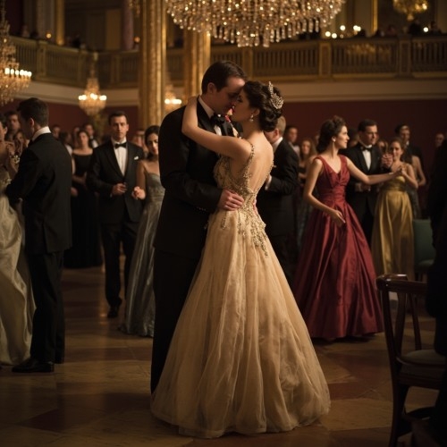 Taneční pár na tanečním parketu na reprezentačním plese ve společenském oblečení