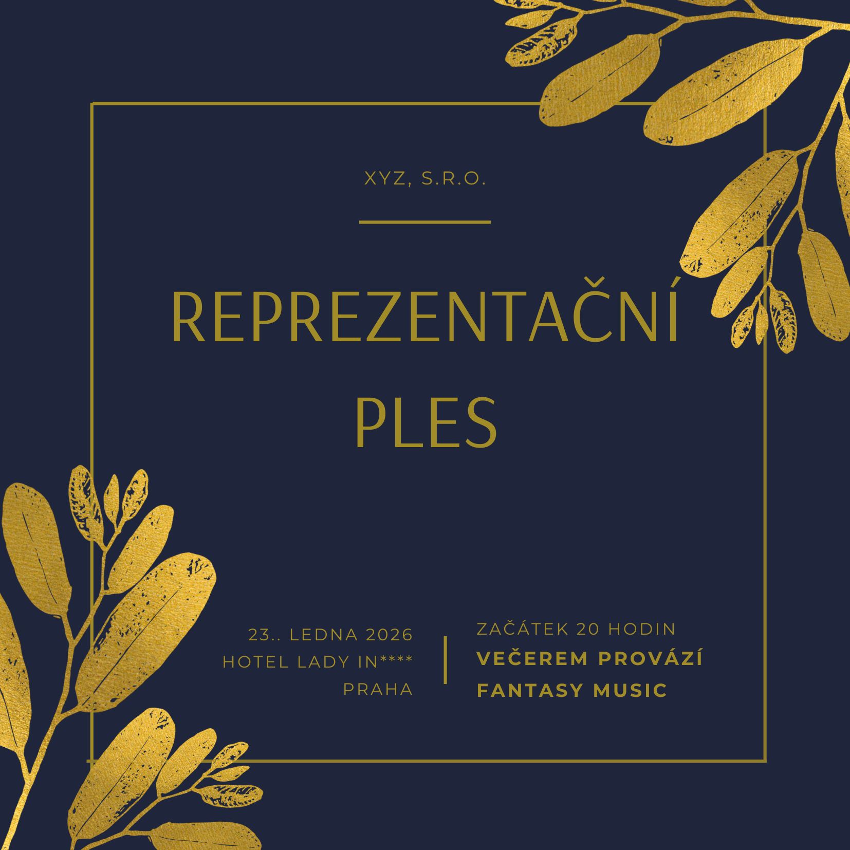 Pozvánka na reprezentační ples zlatým písmem na černím podkladu